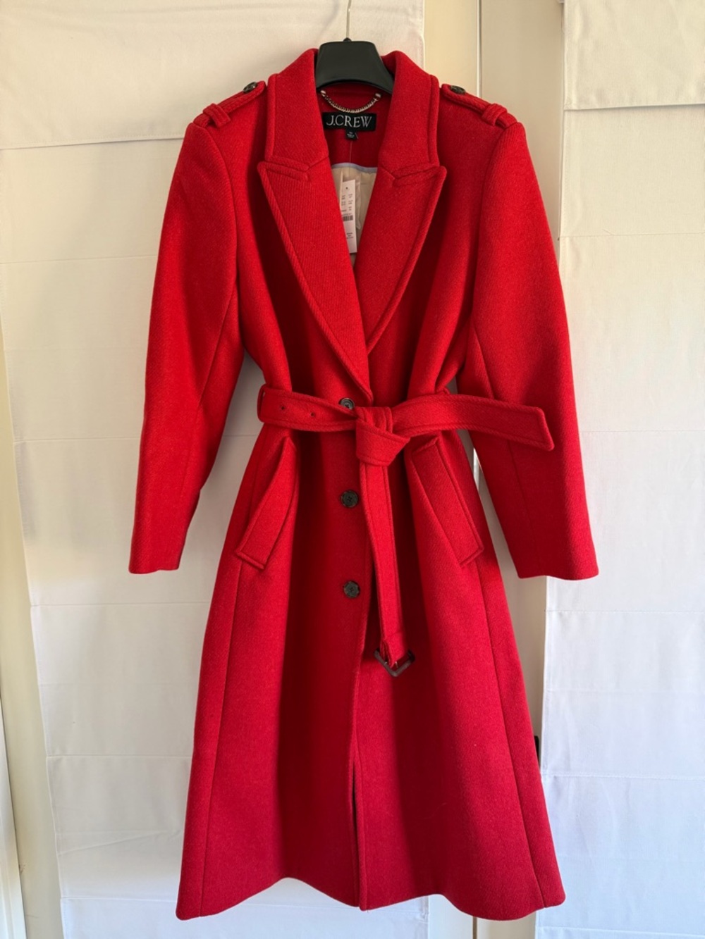 J. Crew Bright Red Wool Belted Long Trench Coat